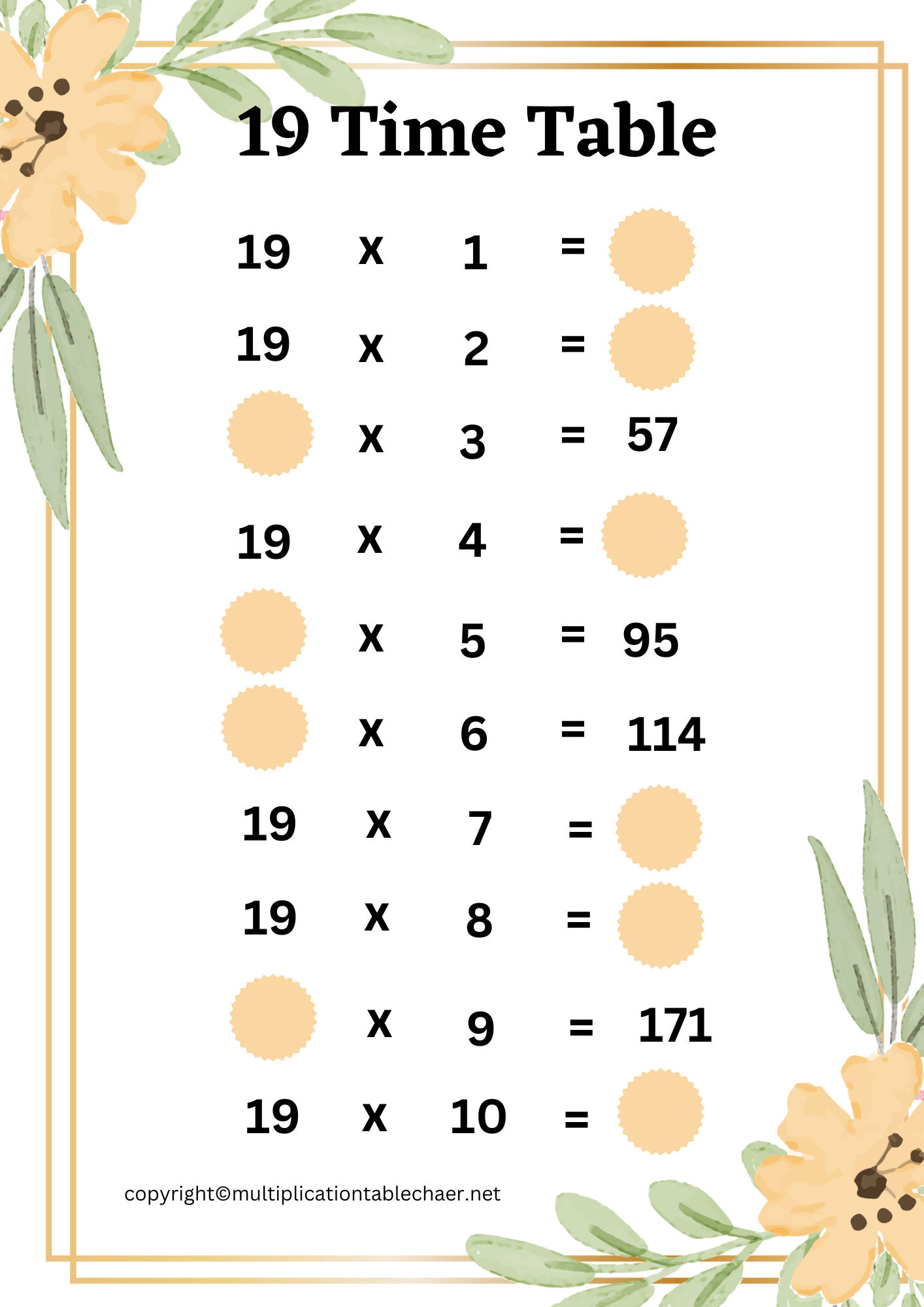 19 Times Table Worksheet 19 Multiplication Table Free PDF