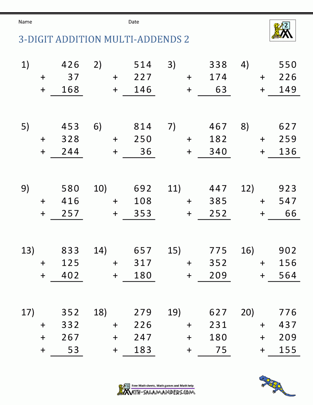 3 Digit Addition Worksheets