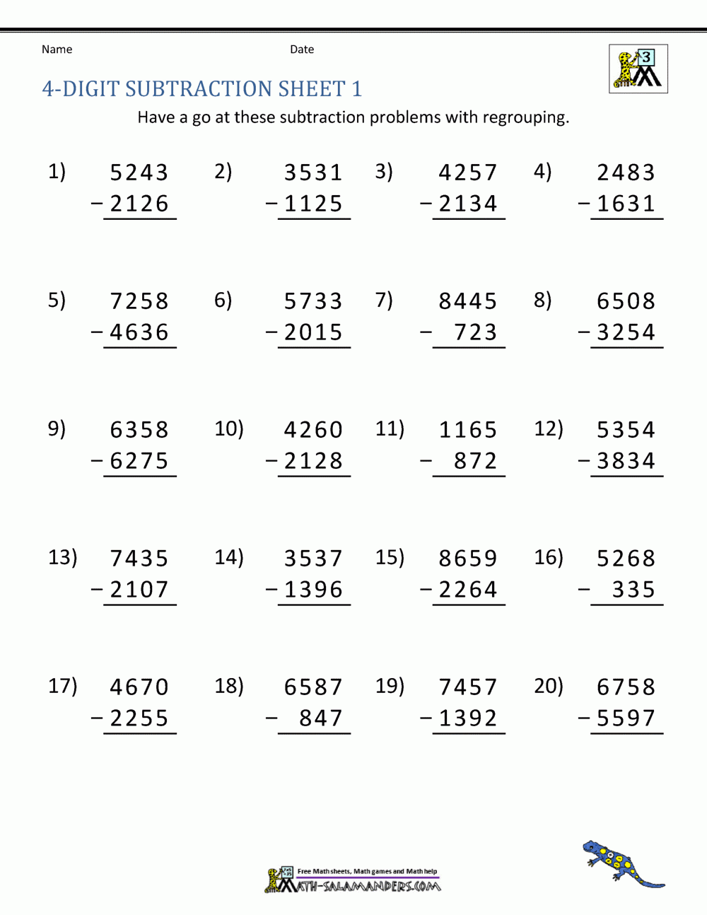 4 Digit Subtraction With Regrouping Worksheets 4th Grade Subtraction 