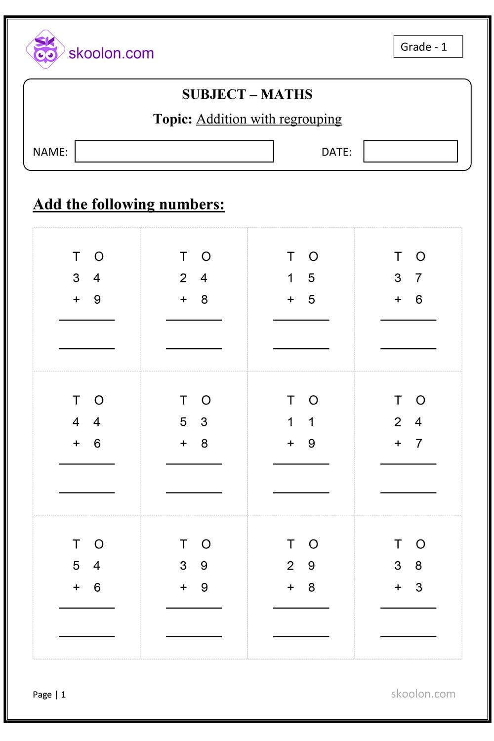 Addition With Regrouping two Digit Skoolon