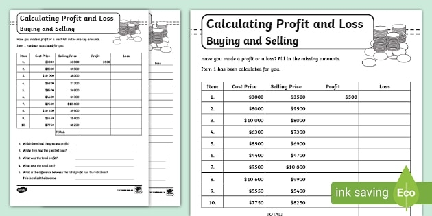Calculating Profit And Loss Worksheets Primary Resources