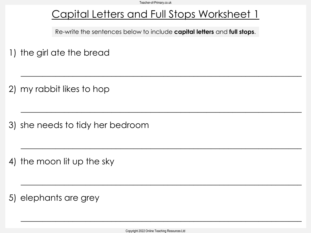 Capital Letters And Full Stops Worksheet English Year 1 