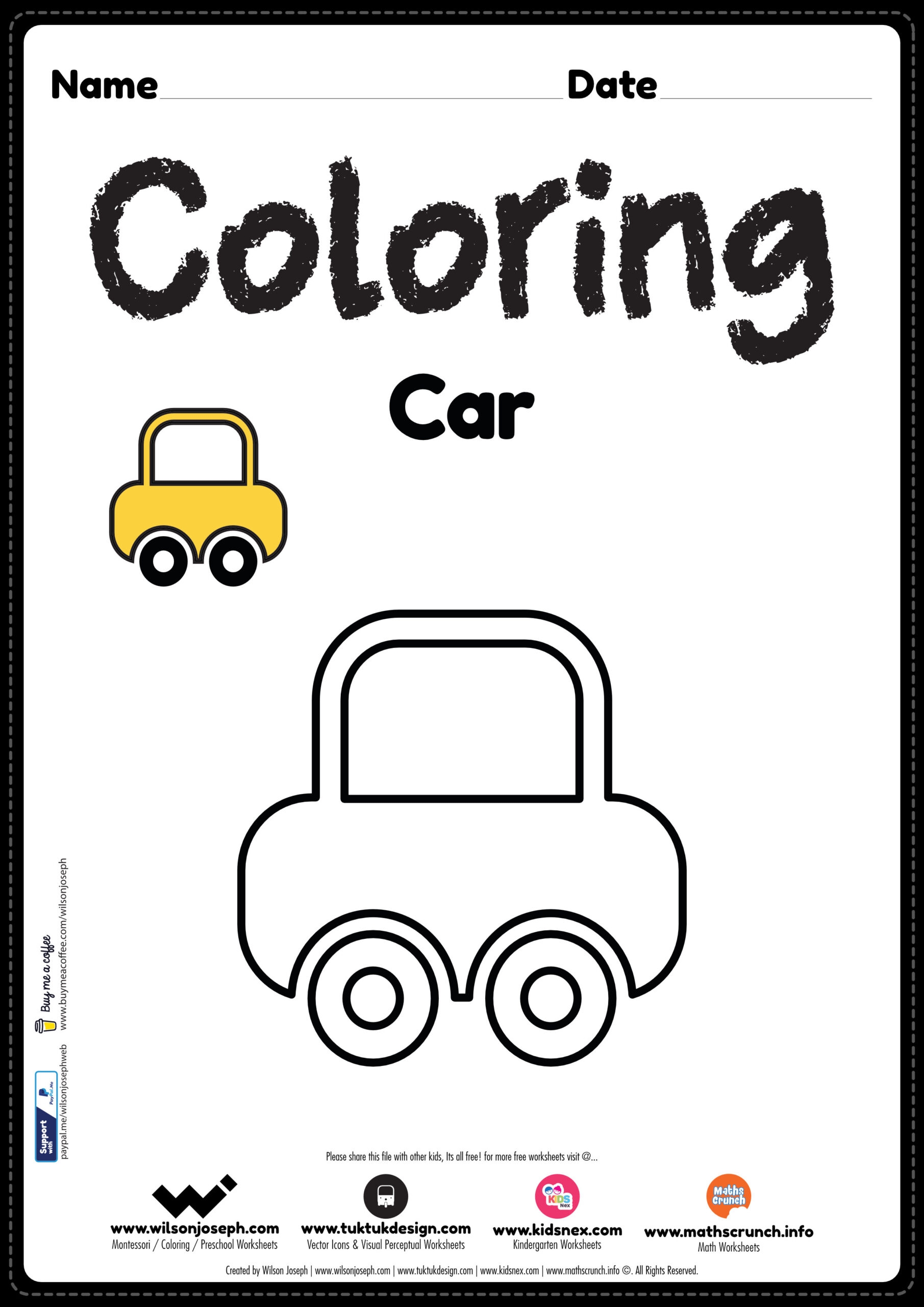 Car Coloring Page Free Printable PDF For Preschool Kids