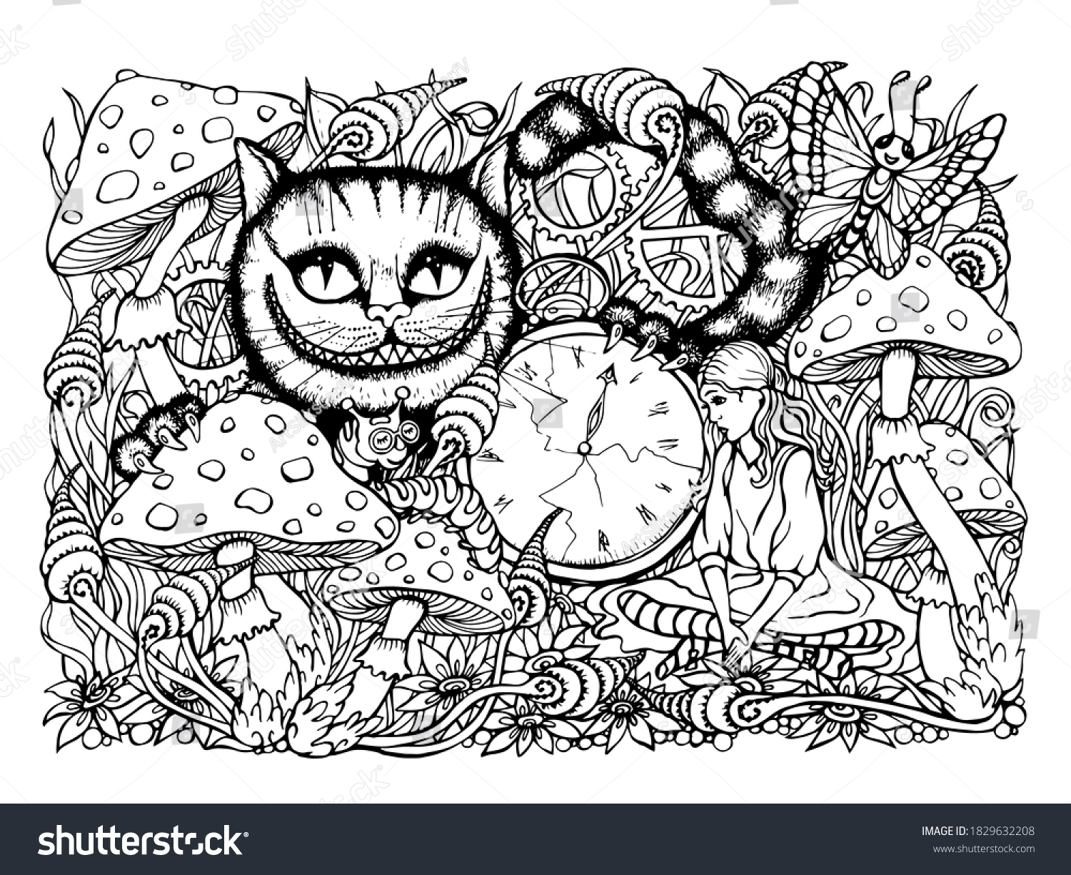 Cheshire Cat Alice Wonderland Coloring Book Stock Vector Royalty Free 