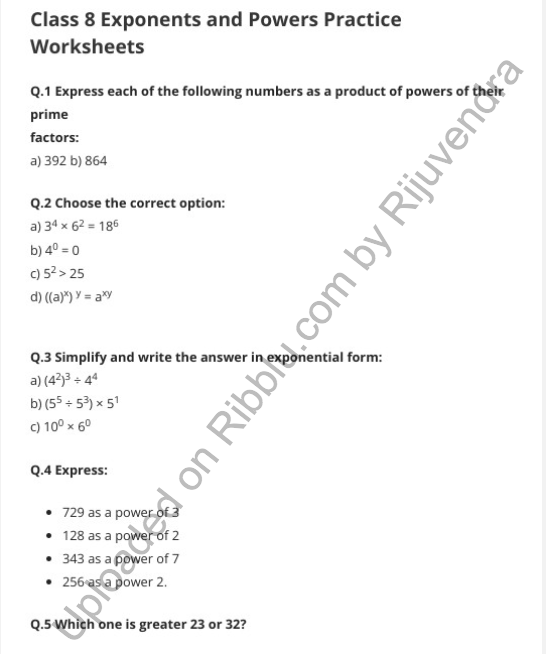 Class 8 Exponents And Powers Worksheet Worksheets Library