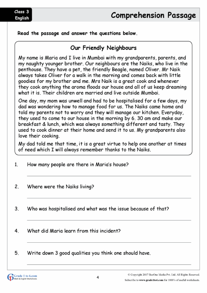 Comprehension For Class 3 - Printable Coloring Free