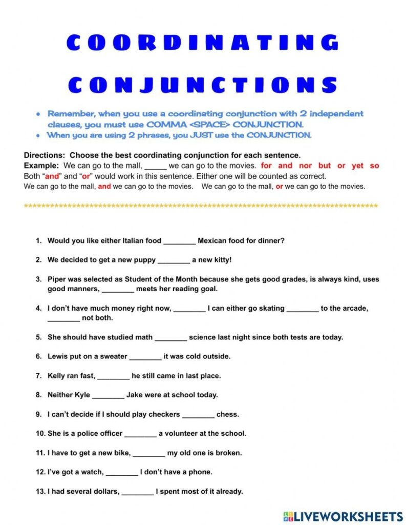 Coordinating Conjunctions Worksheet - Printable Coloring Free