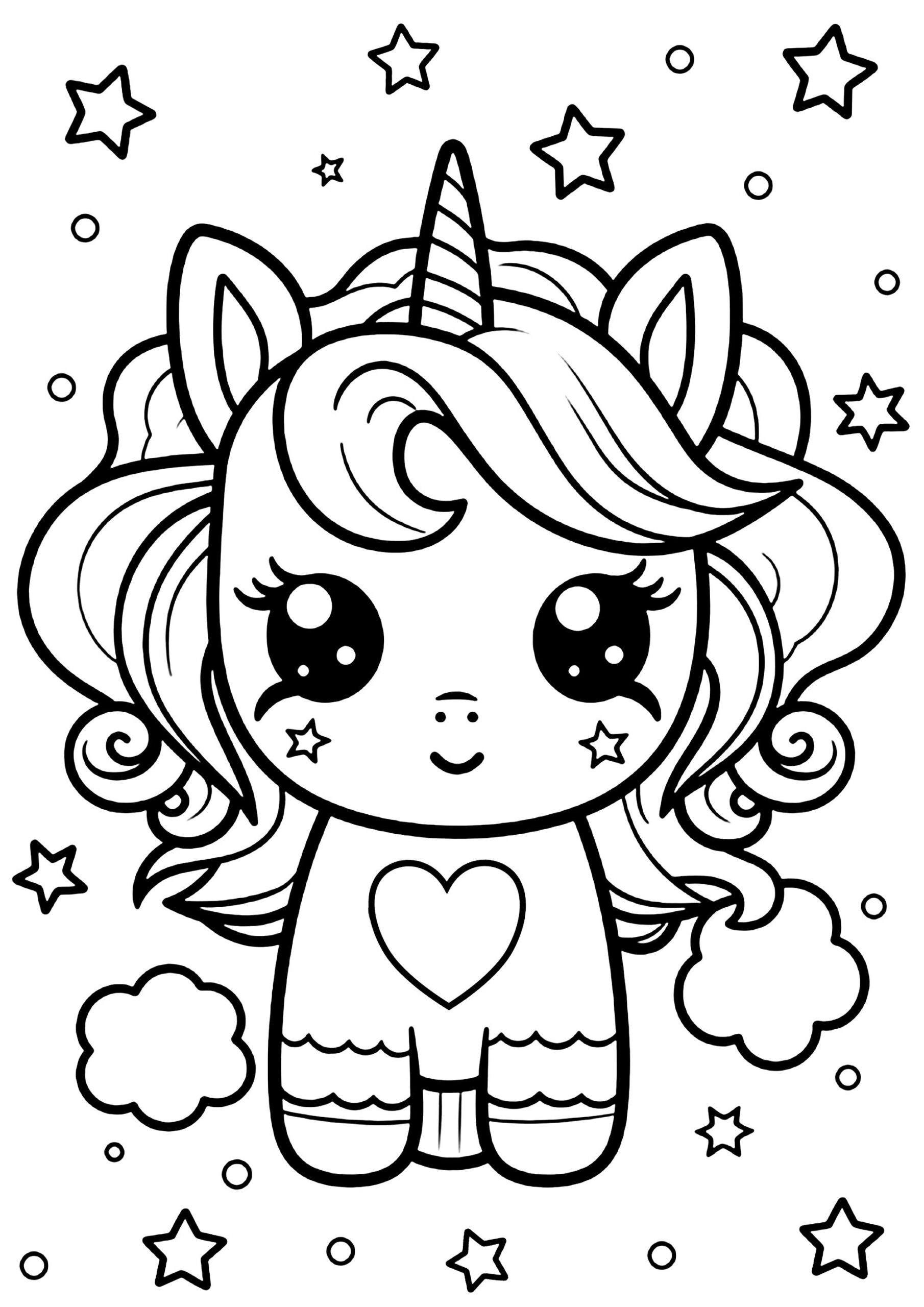 Cute Kawaii Unicorn With Stars Around Her Unicorn Coloring Pages For Kids