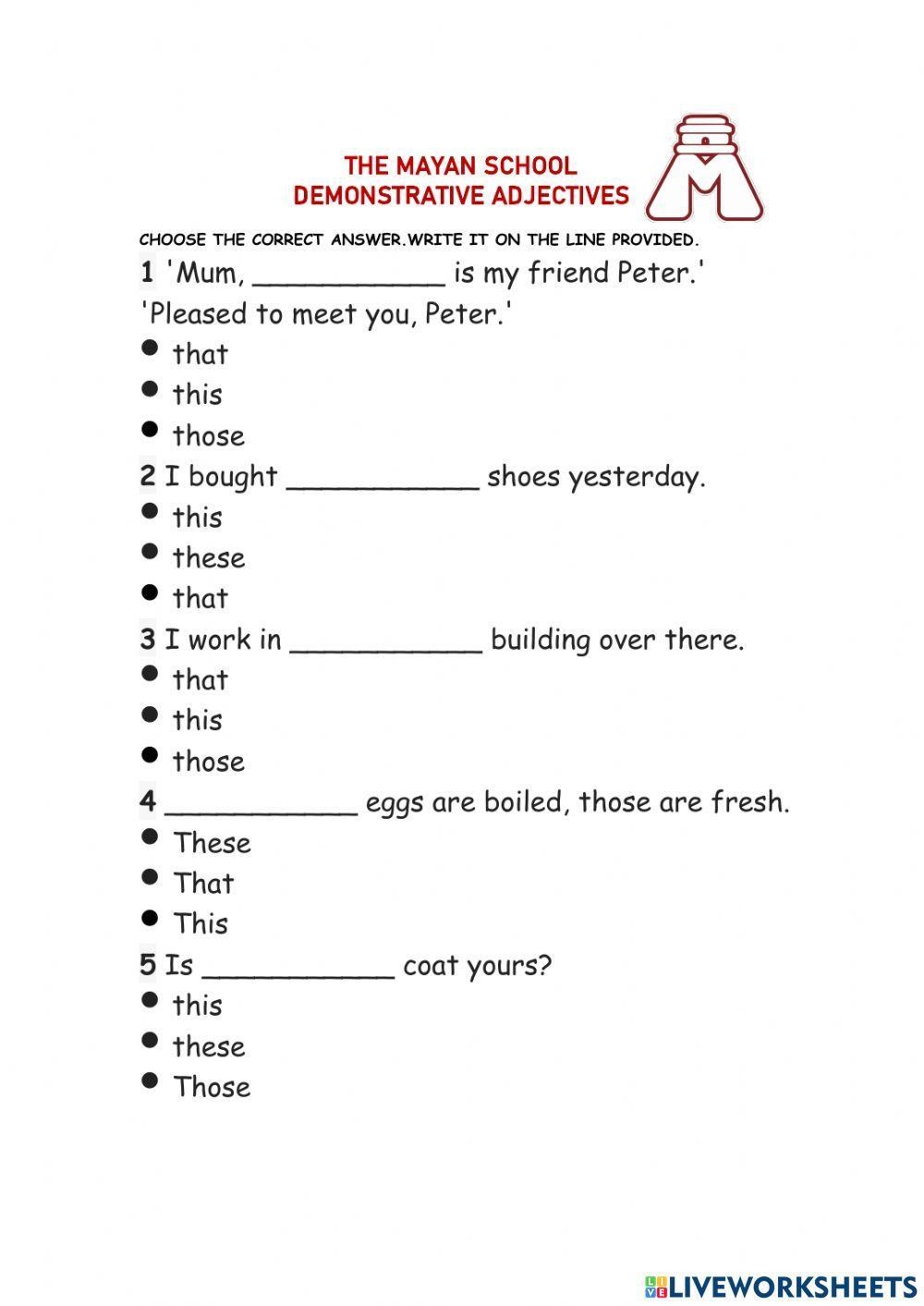 Demonstrative Adjectives Exercise For 5TH Live Worksheets