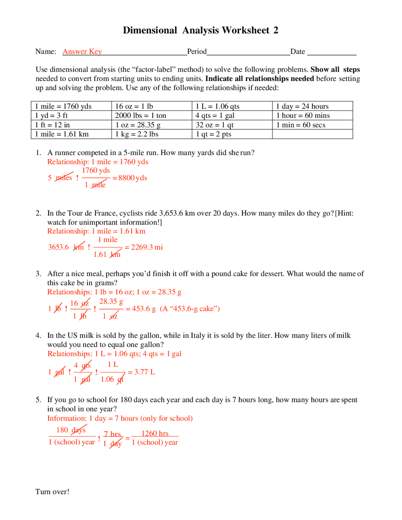Dimensional Analysis Worksheet 3 answers pdf Nane Period