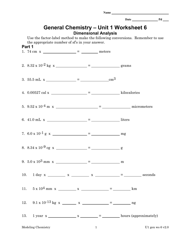 Dimensional Analysis Worksheet Chemistry Wordworksheet