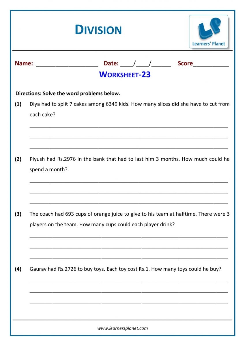 Division Word Problems Worksheets For Class 3 Math