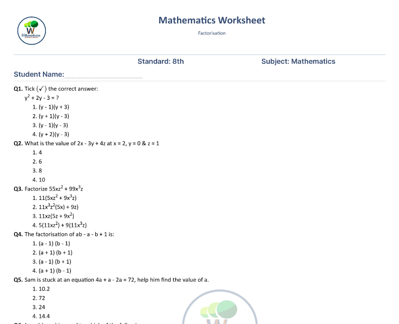 Factorisation Class 8 Worksheet With Answers