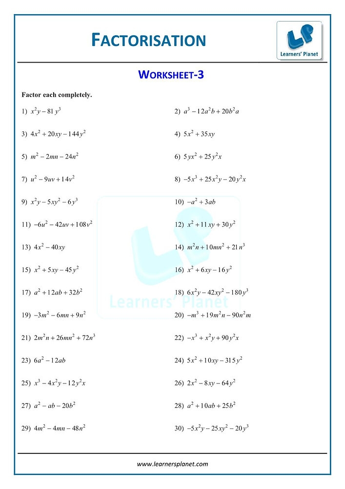 Factorisation Class 8 Worksheet