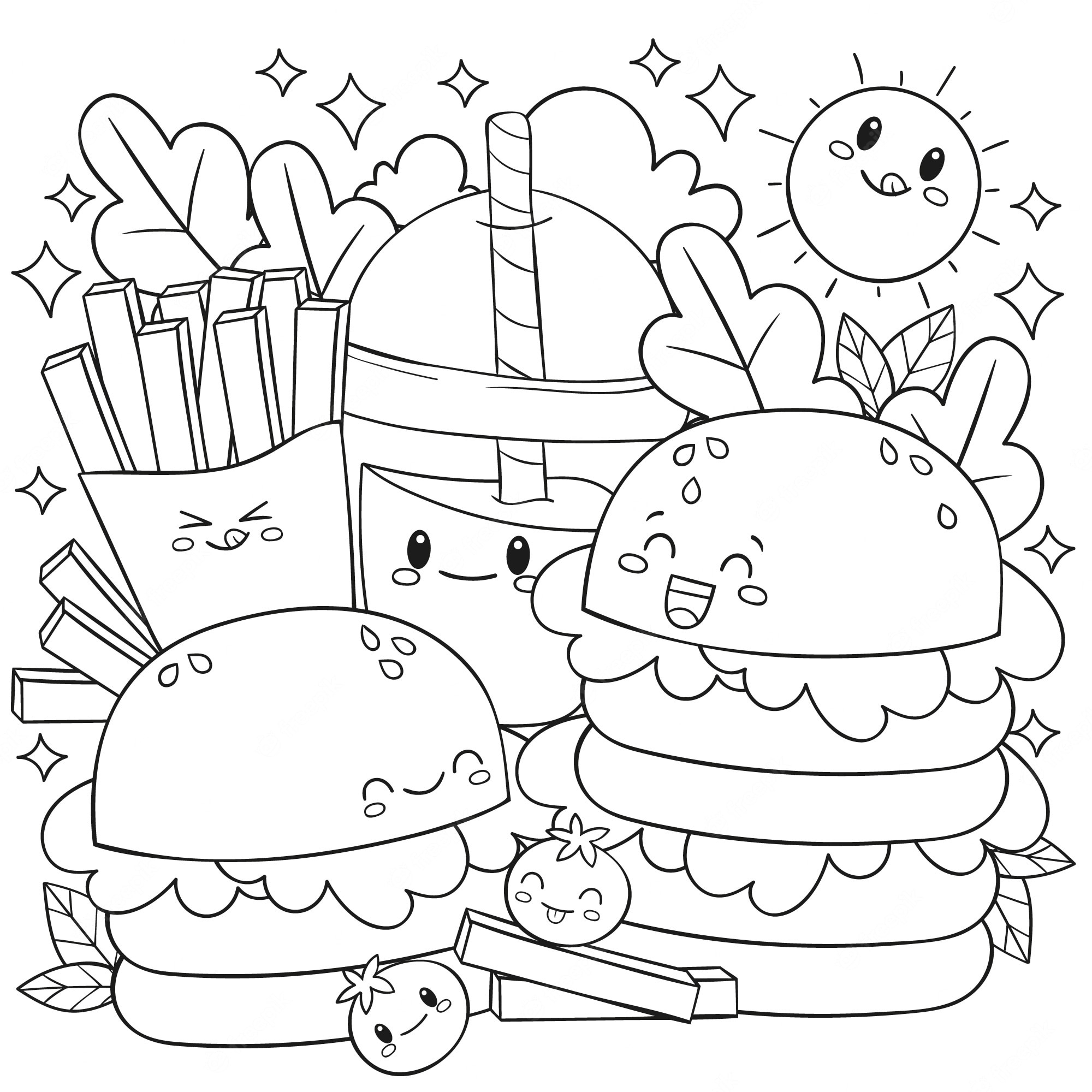 Food With Faces Coloring Page Burgers Fries And Soda Coloring Home