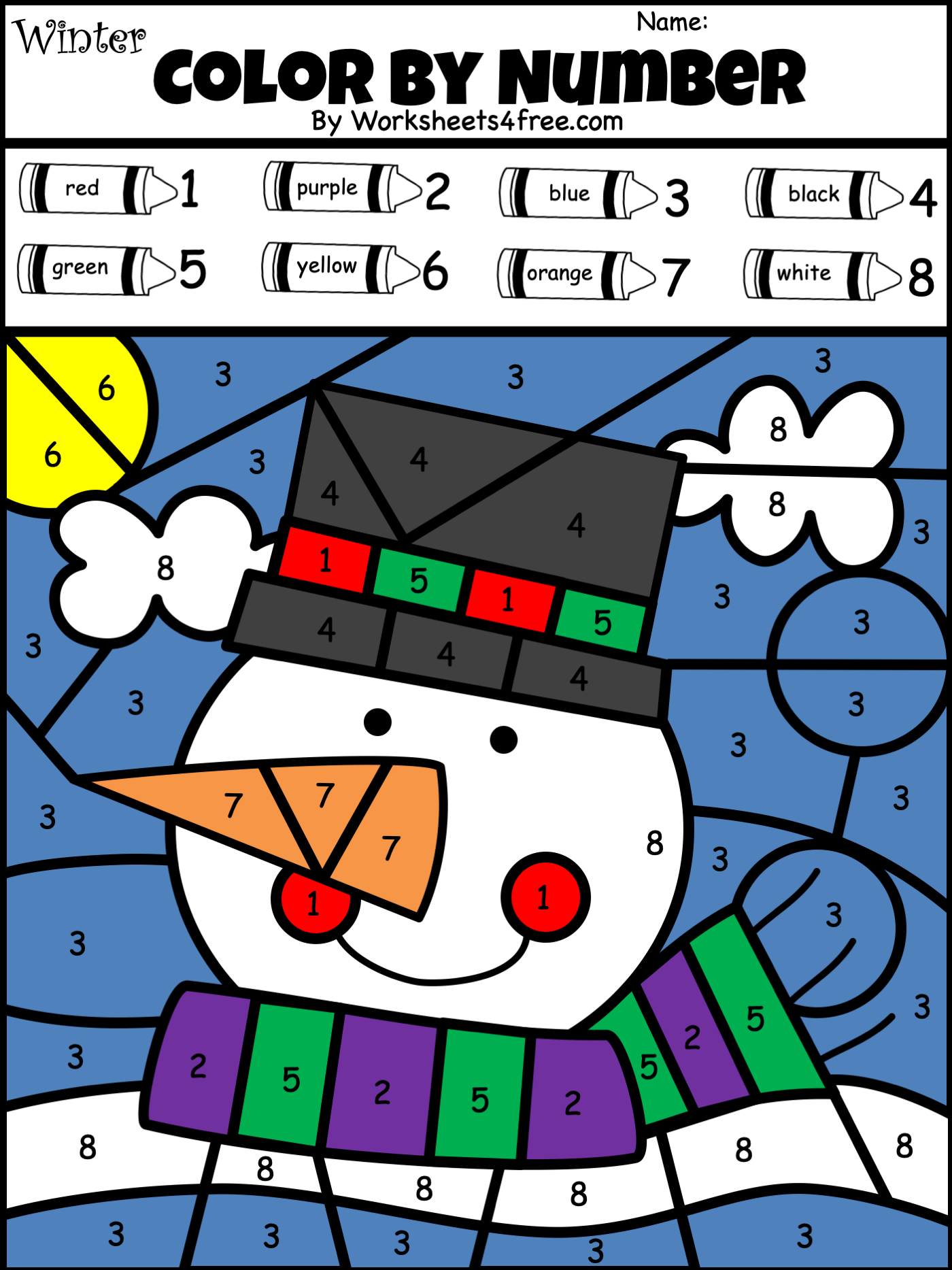 Free Color By Numbers Winter Snowman Worksheet Worksheets4Free