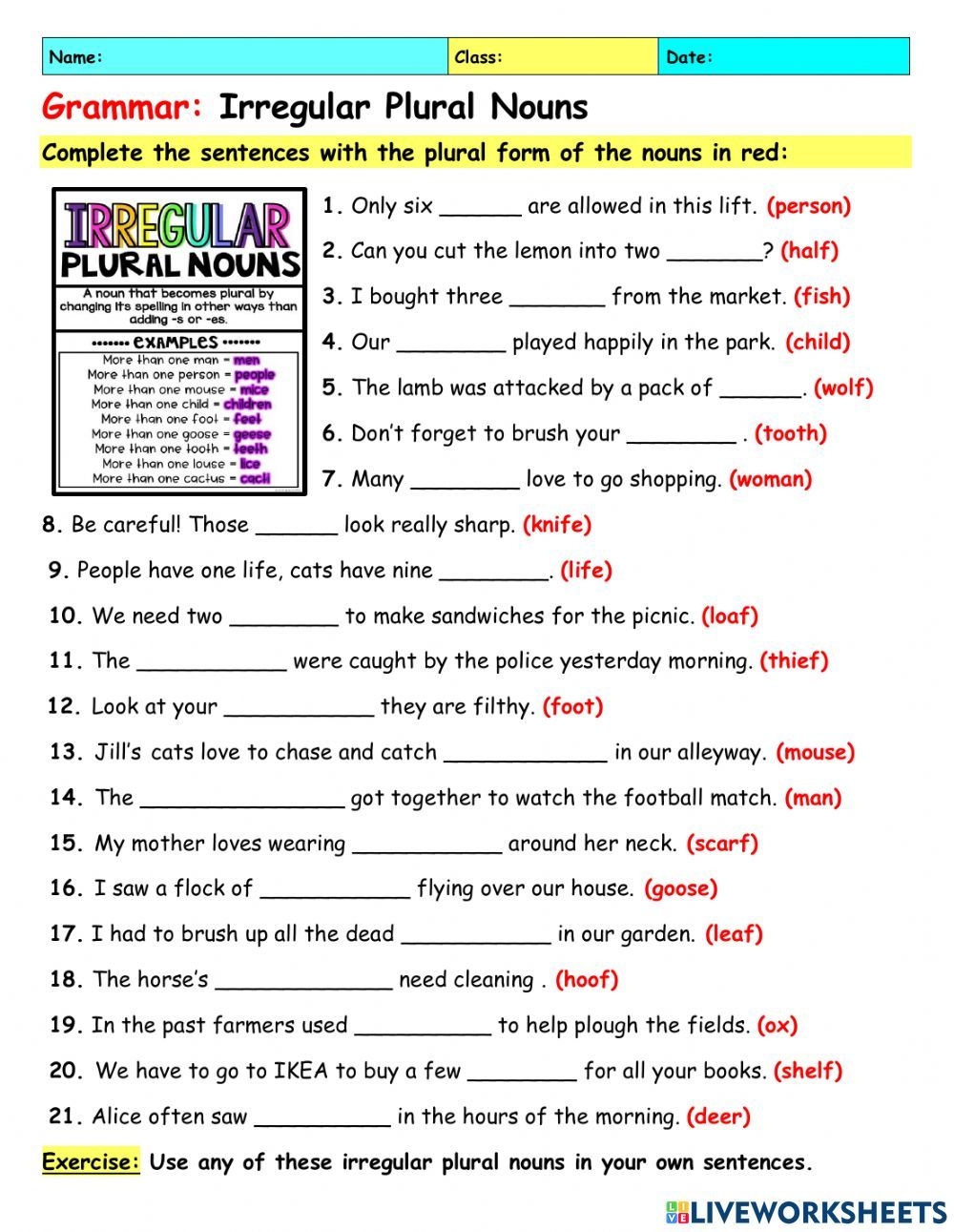 Irregular Plural Nouns Worksheet Artofit