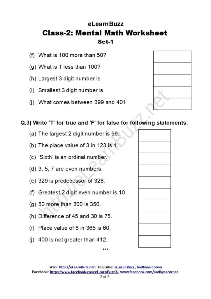 Mental Math Worksheet For Class 2 Set 1 ELearnBuzz