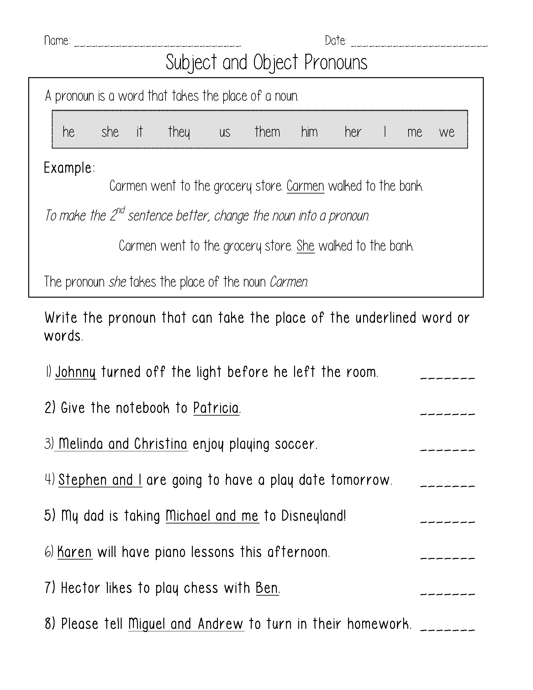 Object Pronoun Worksheet For Grade 1