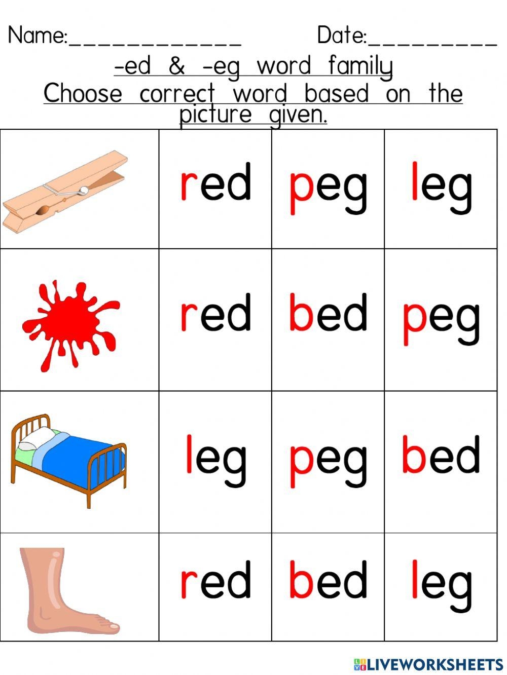 PEG Worksheet EG Word Family PrimaryLearning Org Worksheets Library