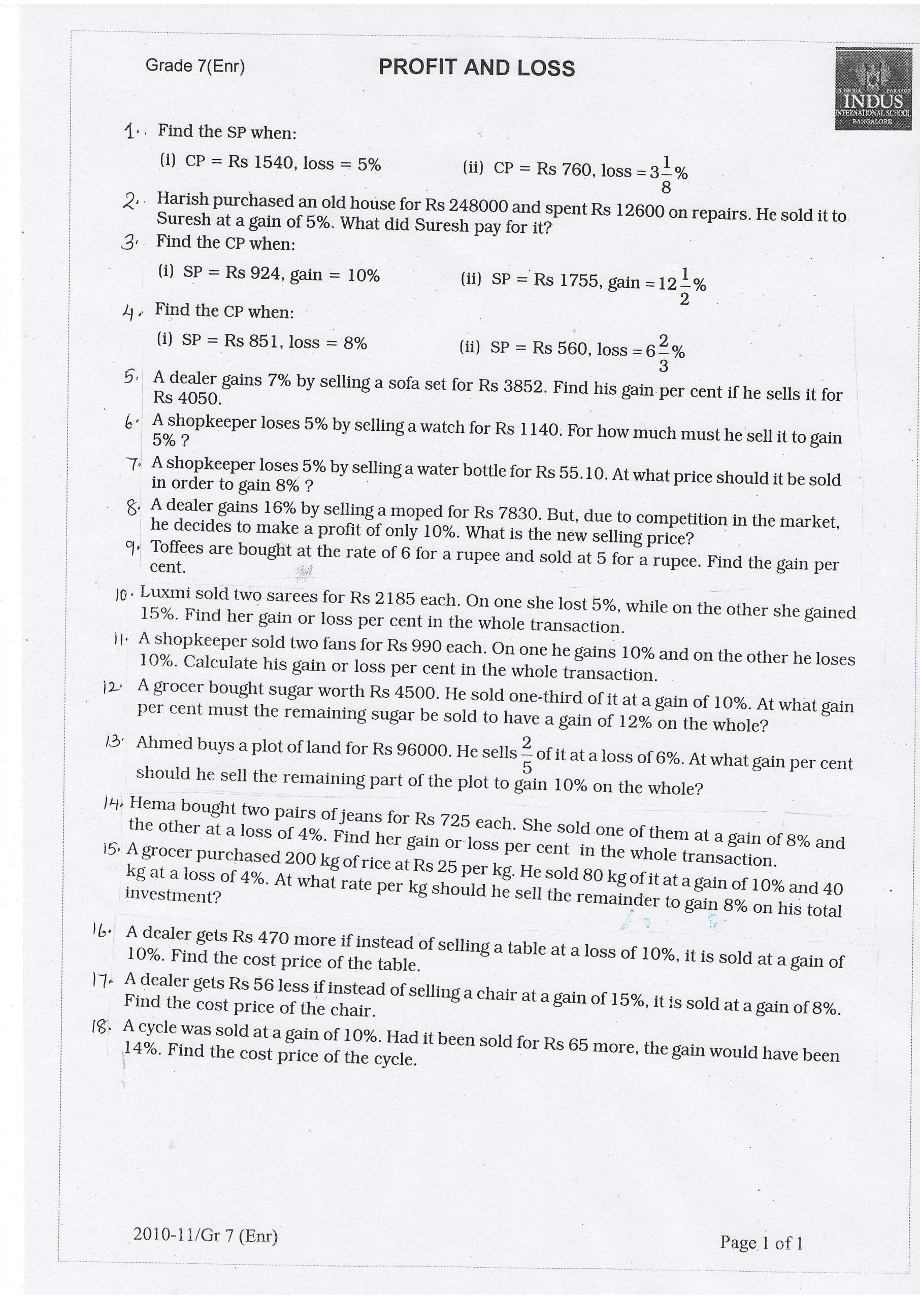 Profit And Loss Worksheet For Class 7