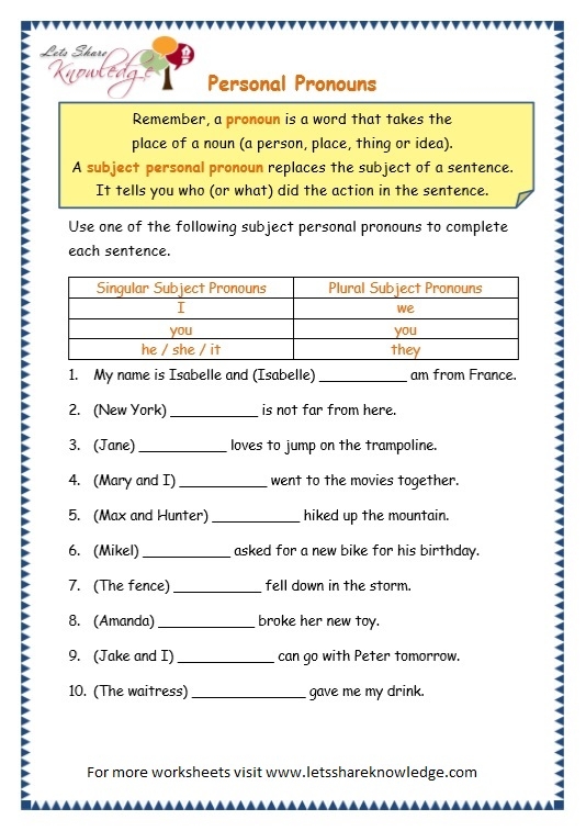 Pronoun Activity For Grade 7