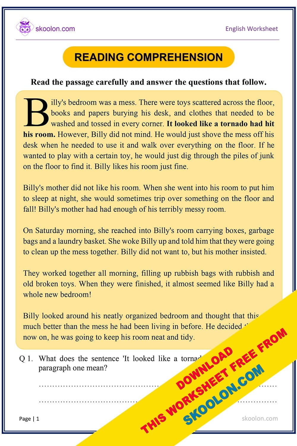 Reading Comprehension Billy Skoolon