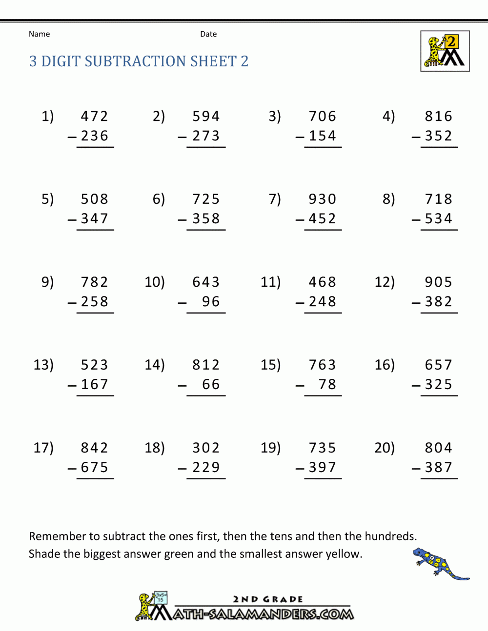 Regrouping Subtraction 3 Digit Numbers