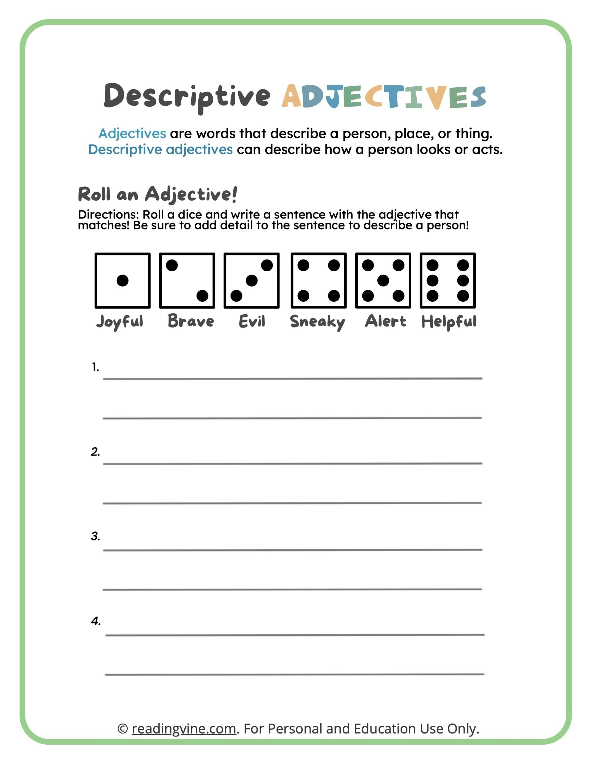 Roll A Descriptive Adjective Writing Activity image ReadingVine