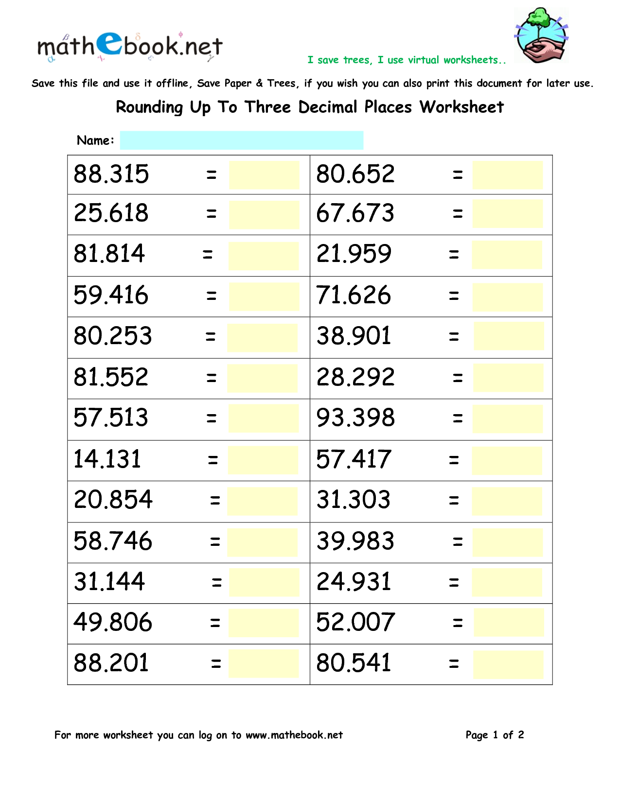 Rounding Off Decimals Worksheets