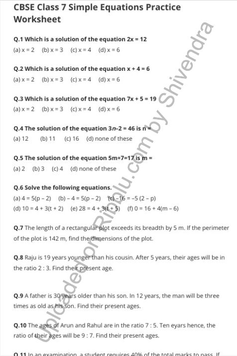 Simple Equations Worksheets For Class 7 Maths