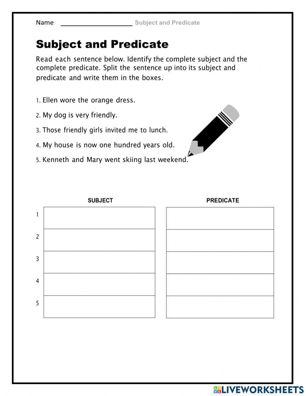 Simple Subjects Simple Predicate Worksheet Live Worksheets