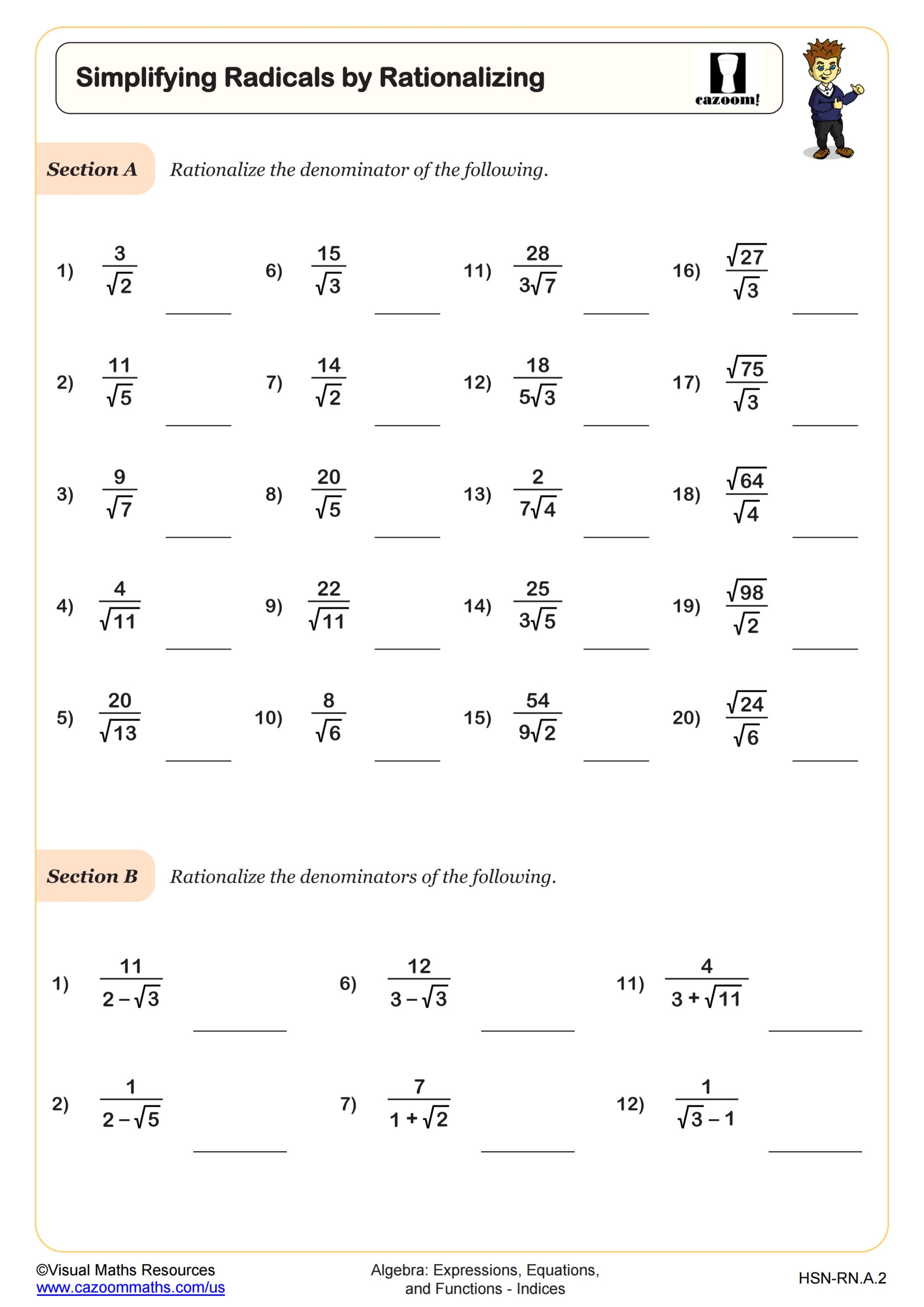 Simplifying Radicals By Rationalizing Worksheet PDF Printable