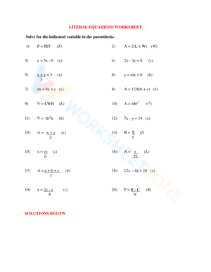 Solving Literal Equations Worksheets