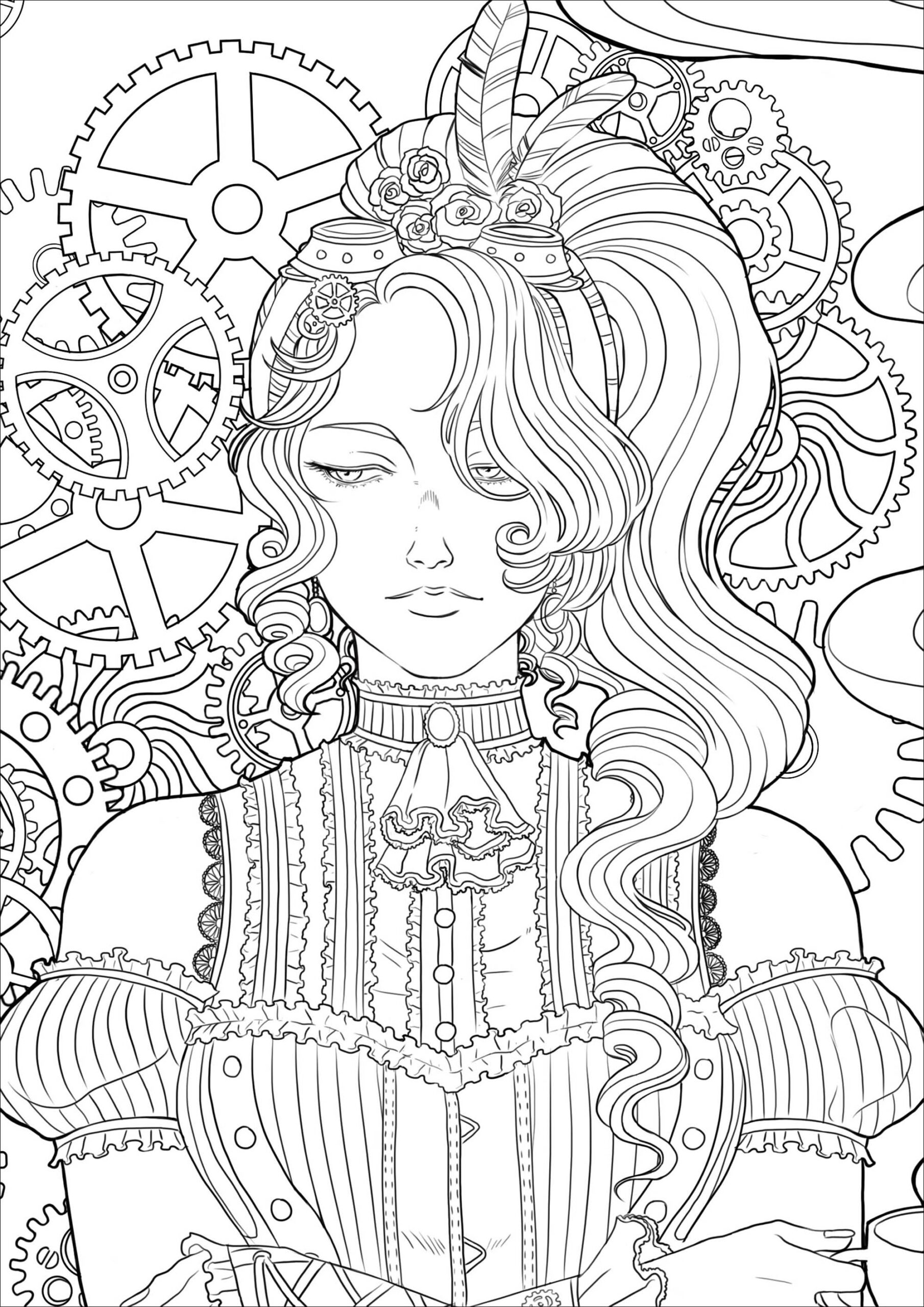Steampunk Woman With Coffee Version 3 Vintage Coloring Pages 