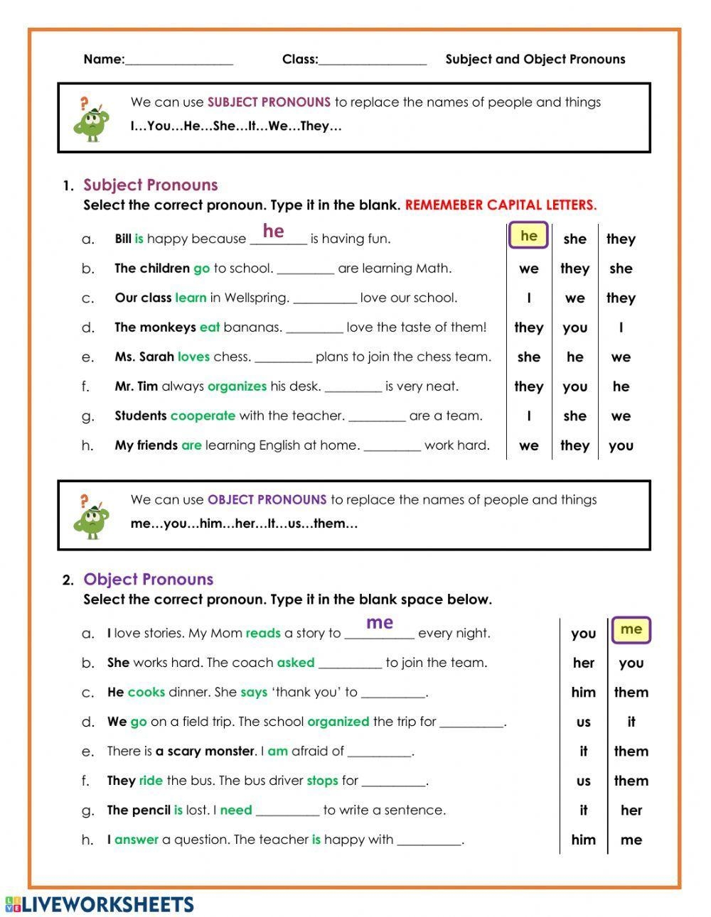 Subject Object Pronouns 3 Worksheets Grades 3 4 CCSS