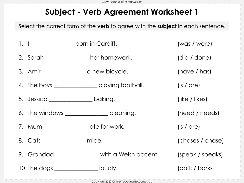 Subject Verb Agreement Worksheet English Year 5 Worksheets Library