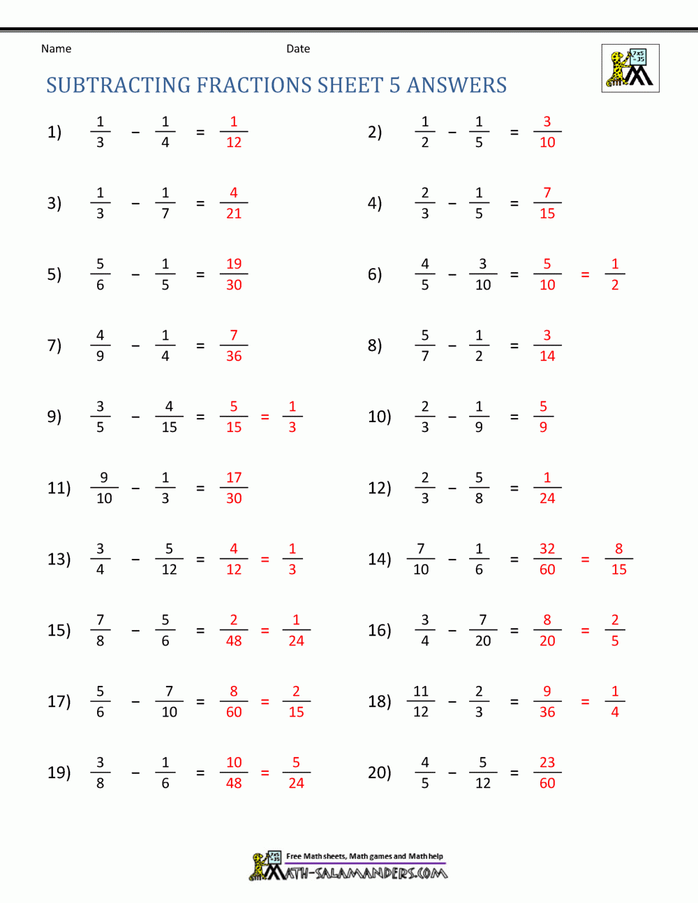 Subtracting Fractions Worksheets