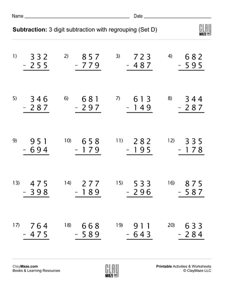 Subtraction Worksheet 3 Digit Subtraction With Regrouping Set D