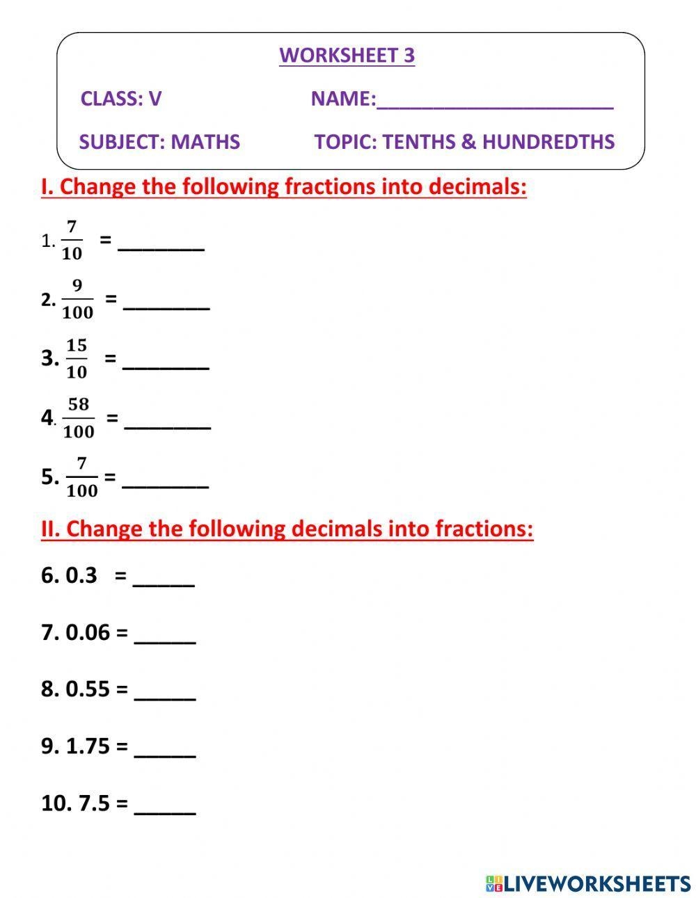 Tenths And Hundredths Ws2 Worksheet Live Worksheets Worksheets Library