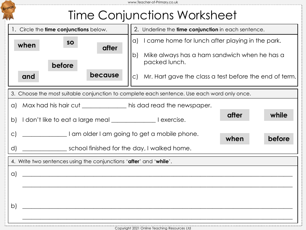 Time Conjunctions Worksheet English 2nd Grade Worksheets Library