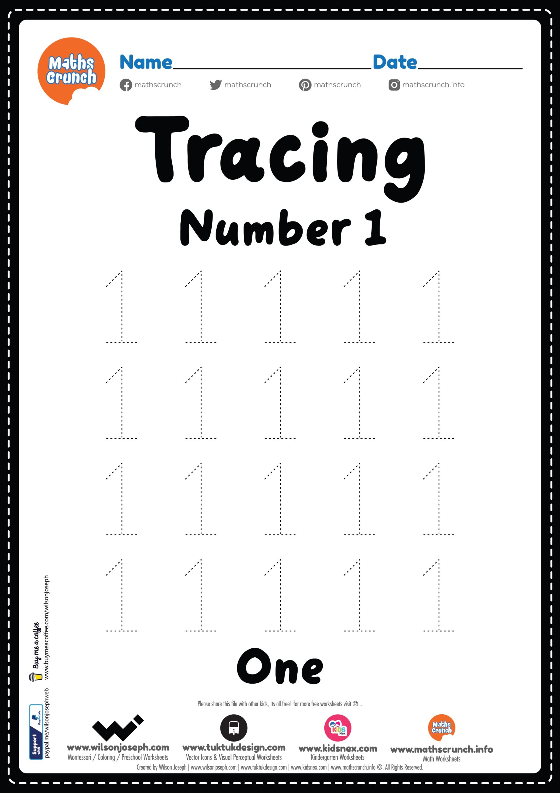Tracing Number 1 Kindergarten Worksheet Free Printable PDF