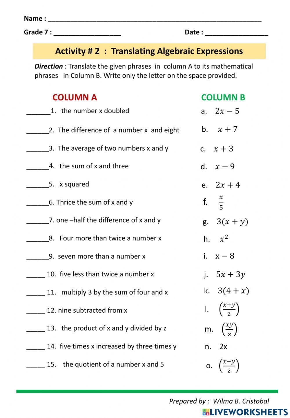 Translating Algebraic Expressions Interactive Worksheet Live 