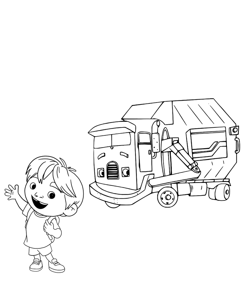 Trash Truck And Kid Coloring Page