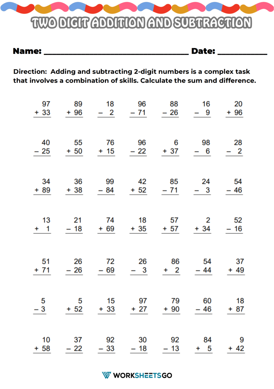 Two Digit Addition And Subtraction Worksheets WorksheetsGO