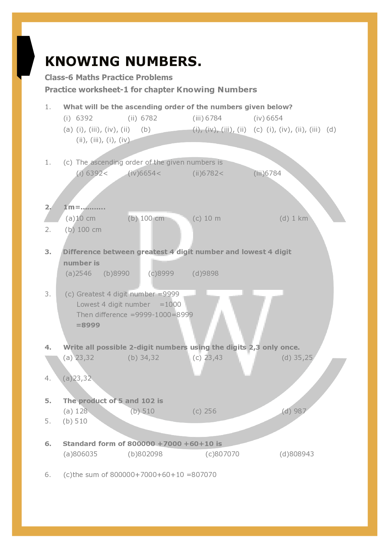 Worksheet For Class 6 Maths Chapter 1 Physics Wallah