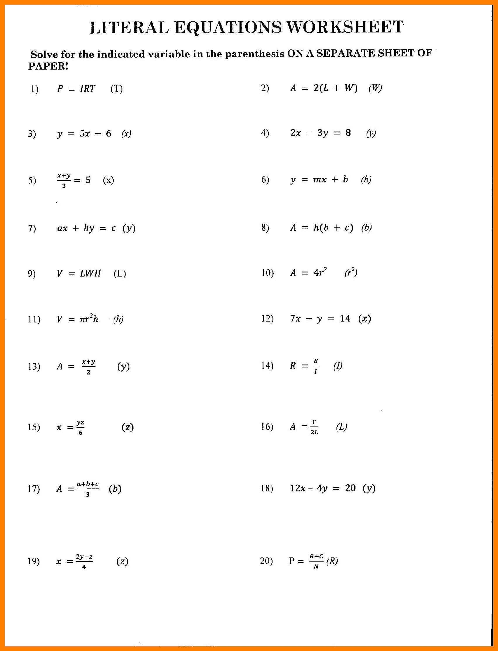 Worksheet Solving Literal Equations Worksheet Literal Db excel