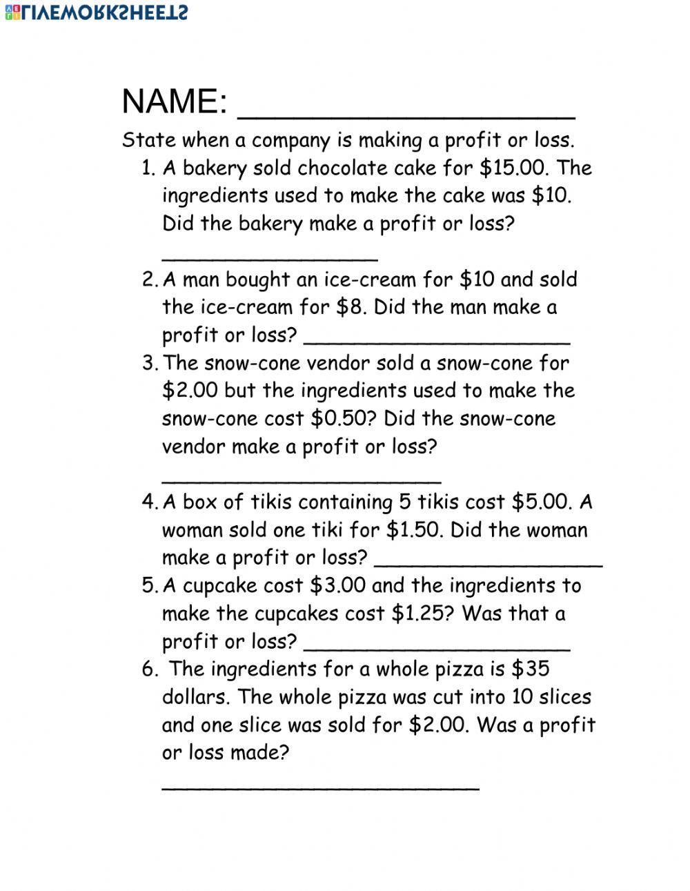 Profit And Loss Worksheet For Class 5