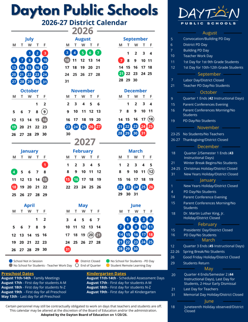 Printed Dps 2026-2027 Calendar on desk with pens