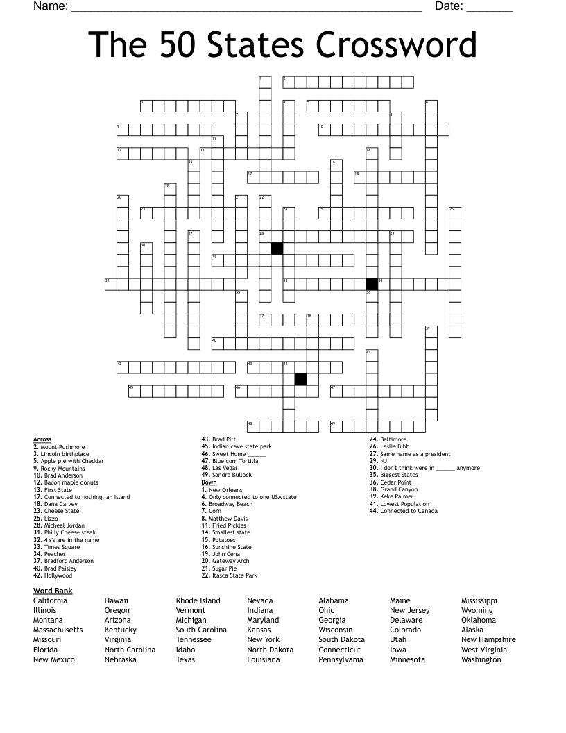 50 States Crossword Puzzle Printable